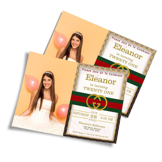 Gucci inspired photo card invitations with personalized text and stylish stripe pattern