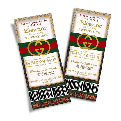 Gucci inspired birthday ticket invitations with custom name and date on red green design