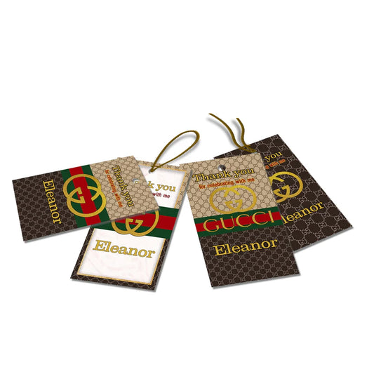Gucci inspired thank you tags with green red stripe and gold accents on white background