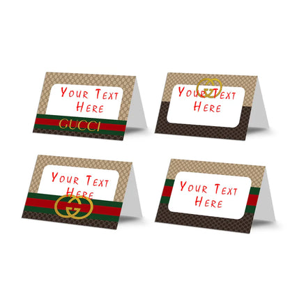 Gucci inspired food cards with elegant stripe pattern folded on party table flat lay