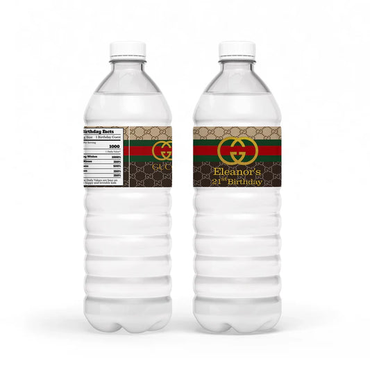 Gucci inspired water bottle label with personalized text and luxury theme wrapped on bottle