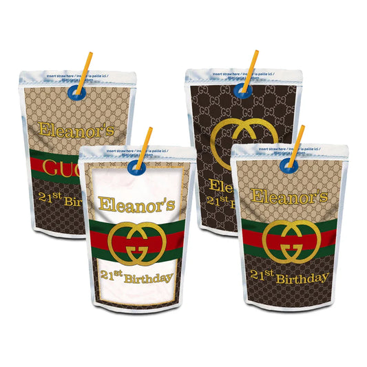 Gucci inspired juice pouch label with red green stripe design on silver pouch flat lay