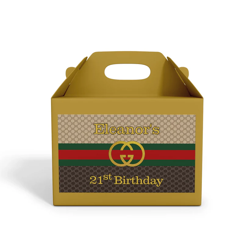 Gucci inspired treat box label with custom name and themed stripes on kraft box
