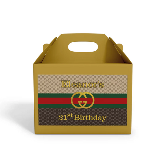 Gucci inspired treat box label with custom name and themed stripes on kraft box