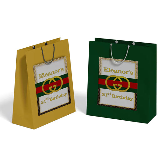 Gucci inspired goodie bag label with editable name and red green stripe pattern on white bag