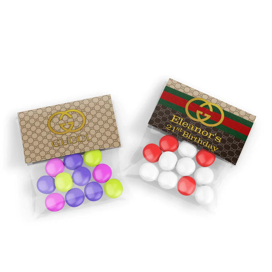 Gucci inspired treat bag topper label with folded stripe design over clear candy bag