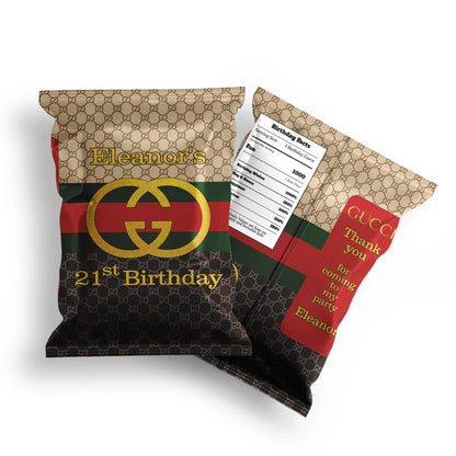 Gucci inspired chips bag label with custom text and luxury pattern on foil style bag