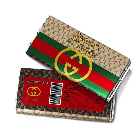 Gucci inspired chocolate label with red green stripe wrap around candy bar on white surface