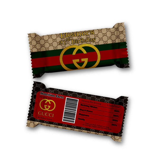 Gucci inspired Rice Krispies and candy bar label set with luxury stripes on snack wrappers