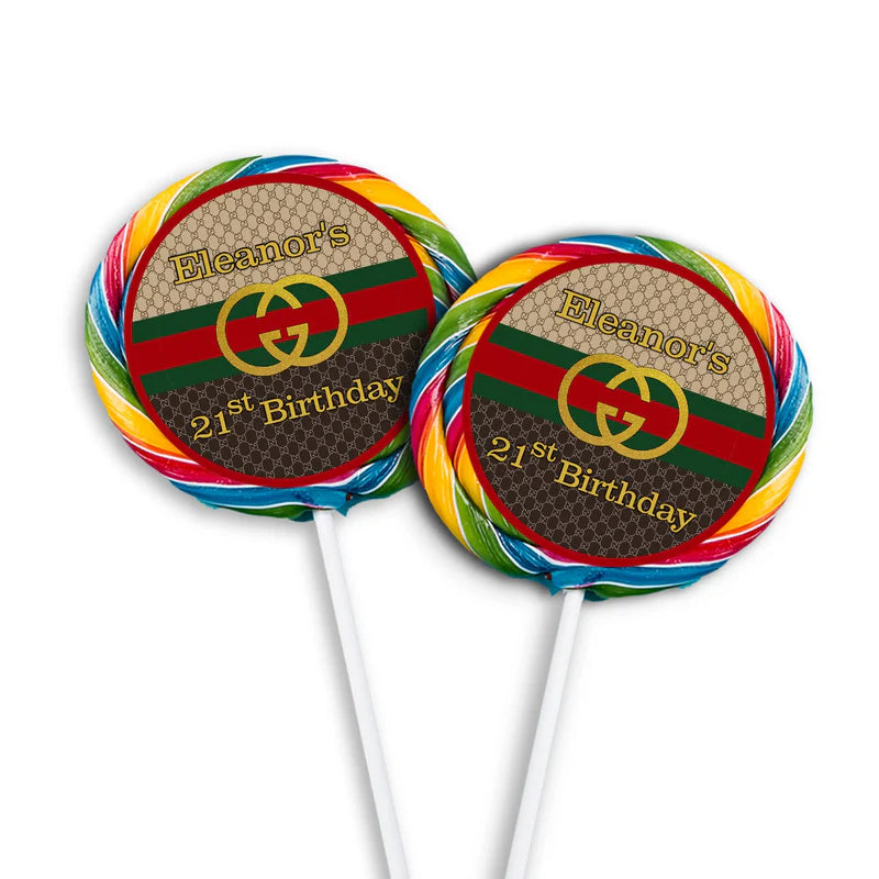 Gucci inspired lollipop label with gold stripe design and name on round candy stick