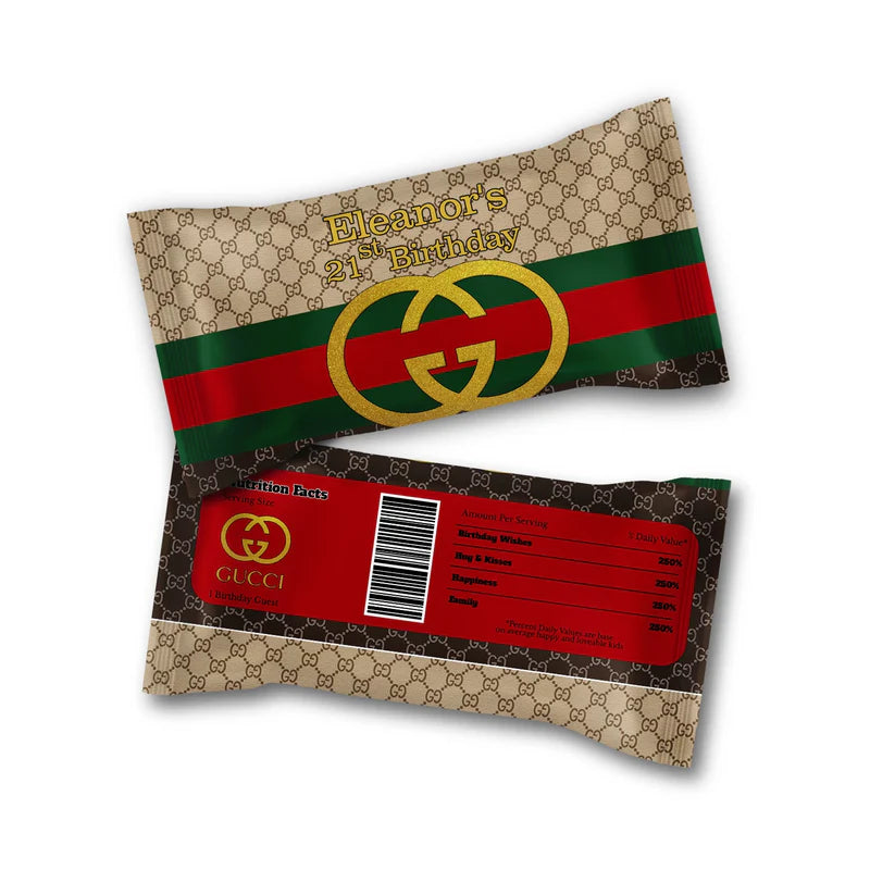 Gucci inspired Skittles label with personalized text and stripe design on snack-size pouch