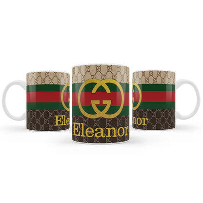 Gucci inspired sublimation mug with personalized name and stripes on white ceramic mug