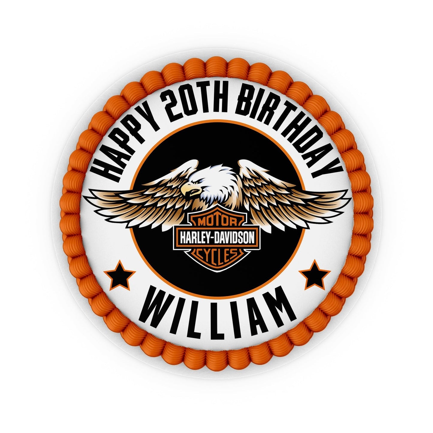 Round edible sheet cake image with Harley Davidson customization