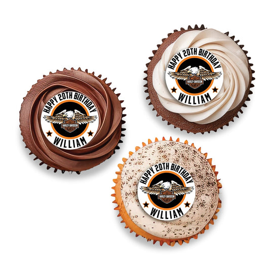 Personalized Harley Davidson cupcake toppers for themed parties