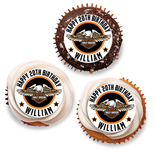 Personalized Harley Davidson cupcake toppers for themed parties