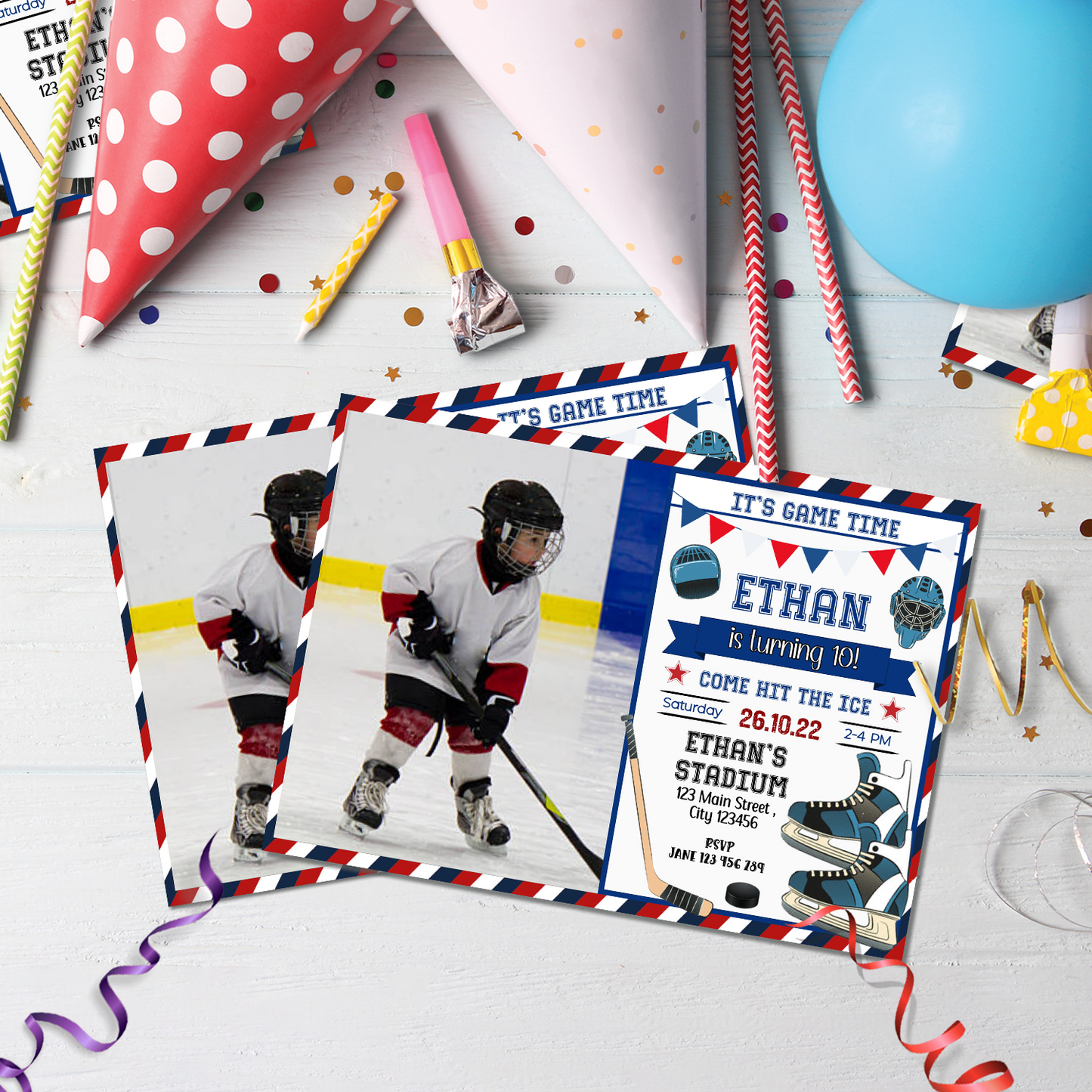 Hockey Birthday Decorations, NHL Party Supplies, Ice Skating Themed, Oilers Maple Leaf Canucks Bruin Sabres Hurricanes Devils Islanders Digital Template, Editable Hockey Image SVG PNG