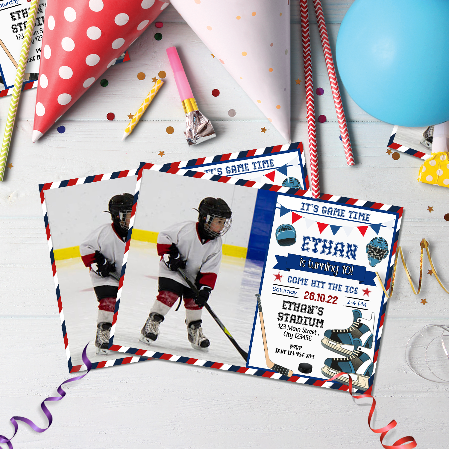 Hockey Birthday Decorations, NHL Party Supplies, Ice Skating Themed, Oilers Maple Leaf Canucks Bruin Sabres Hurricanes Devils Islanders Digital Template, Editable Hockey Image SVG PNG