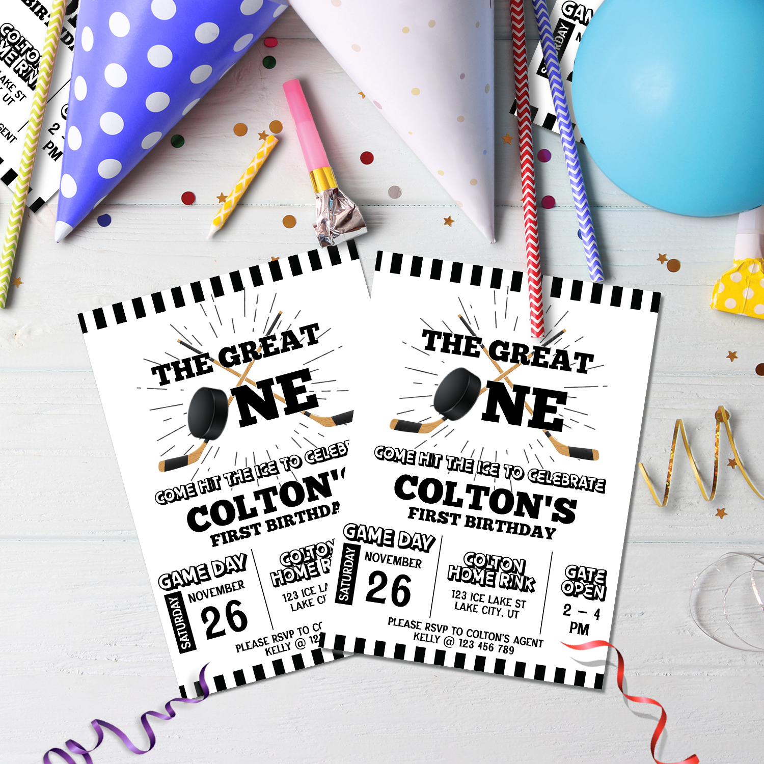 Hockey Birthday Decorations, 1st Birthday Party Supplies, Hockey Black and white Themed, Ice Skating 1st Birthday Digital Template, Editable Hockey 1st Birthday Image SVG PNG