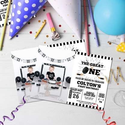 Hockey Birthday Decorations, 1st Birthday Party Supplies, Hockey Black and white Themed, Ice Skating 1st Birthday Digital Template, Editable Hockey 1st Birthday Image SVG PNG