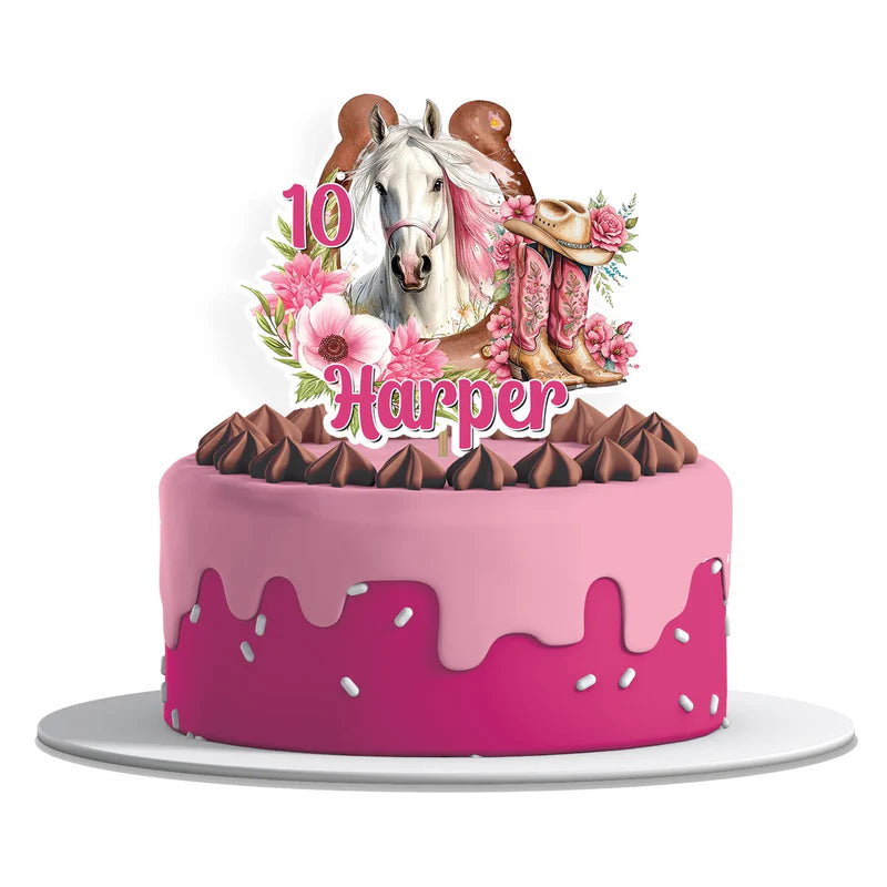 Horse equestrian cake toppers with personalized name on cardstock white background