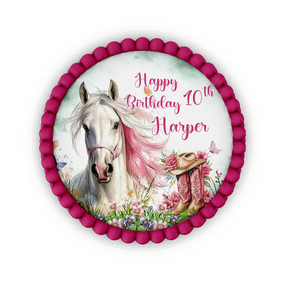 Horse equestrian edible icing cake images with custom horse design flat lay
