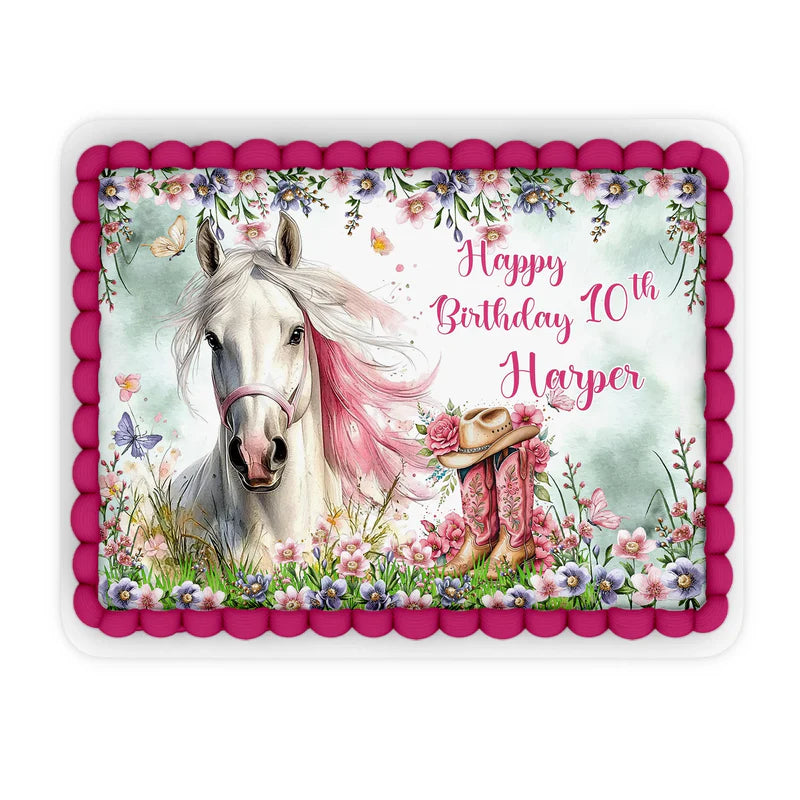 Horse equestrian sheet cake topper with personalized edible print flat lay