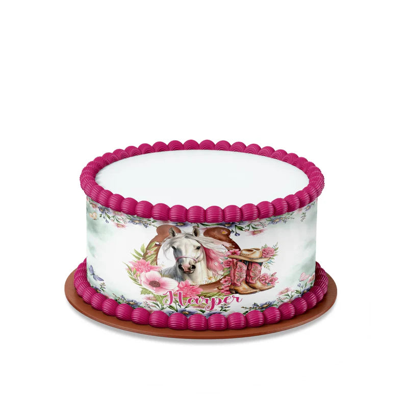Horse equestrian edible cake strips with custom text design flat lay