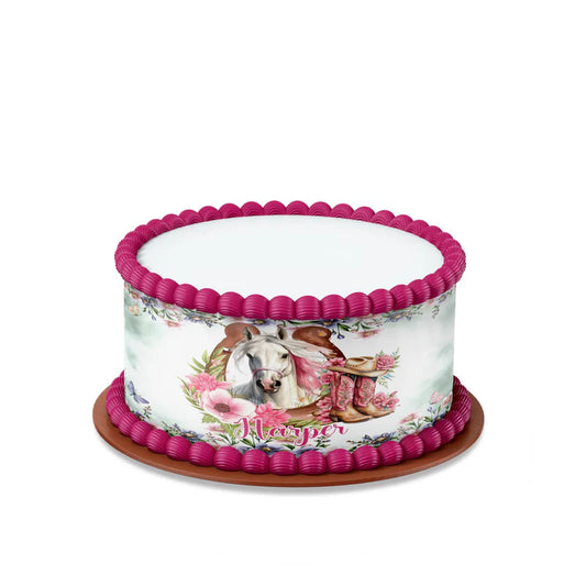 Horse equestrian edible cake strips with custom text design flat lay