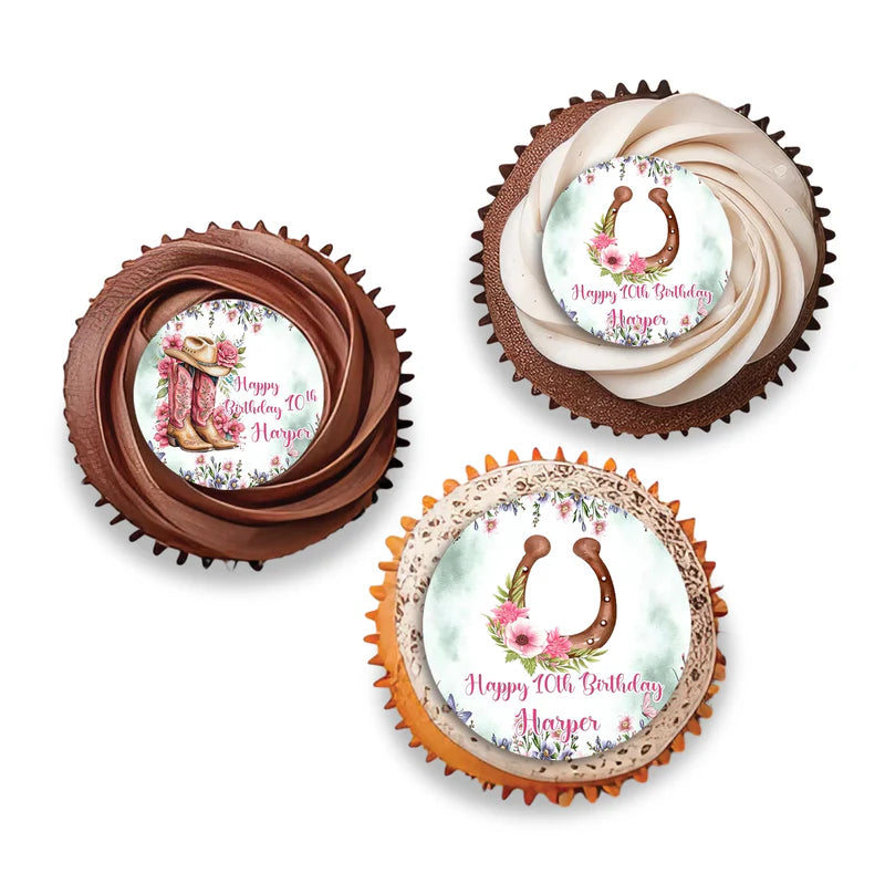 Horse equestrian cupcake toppers with round personalized horse design on white background