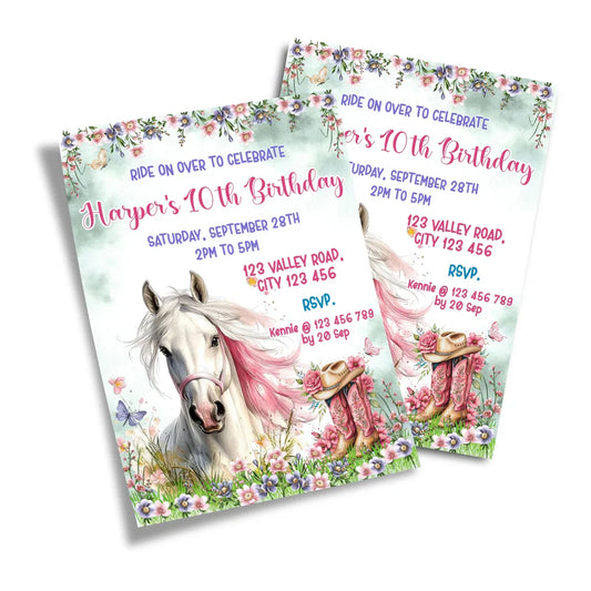 Horse equestrian birthday card invitations with custom text and horse graphic flat lay