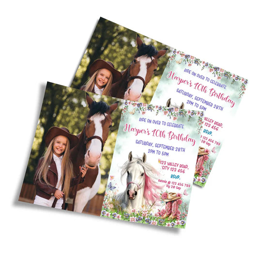 Horse equestrian photo card invitations with personalized photo and horse design on white background