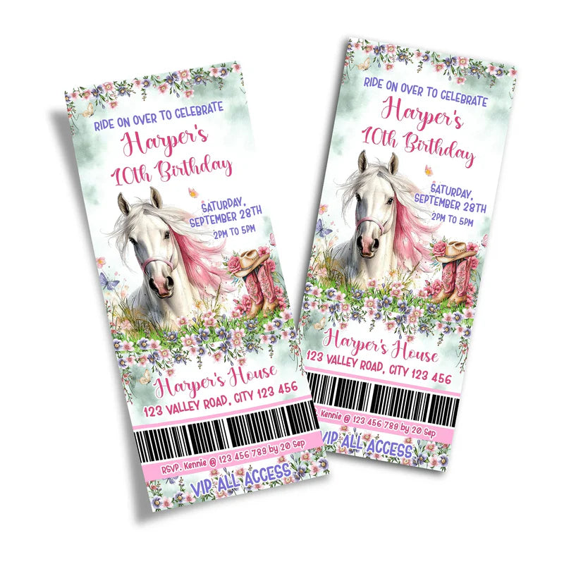 Horse equestrian birthday ticket invitations with event details and horse graphic flat lay