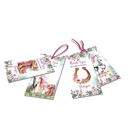 Horse equestrian thank you tags with personalized horse design on cardstock white background