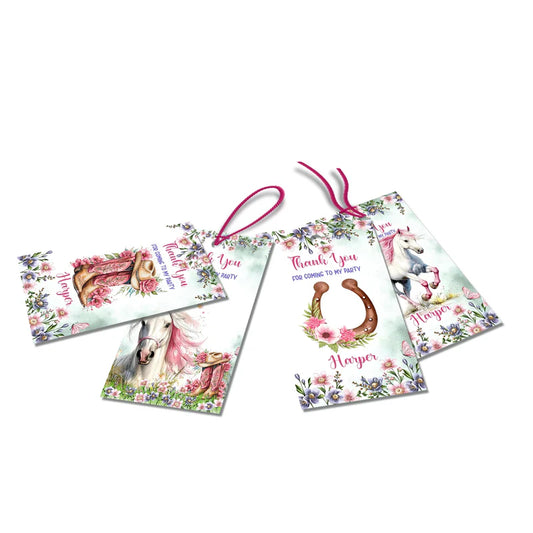 Horse equestrian thank you tags with personalized horse design on cardstock white background
