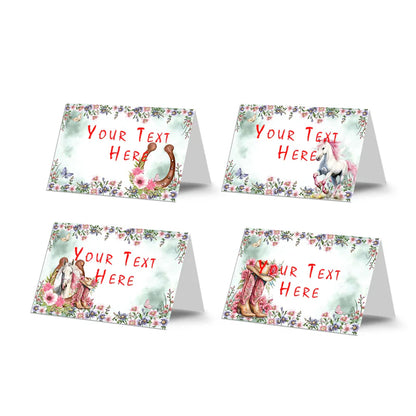 Horse equestrian food cards with custom text and horse motif flat lay
