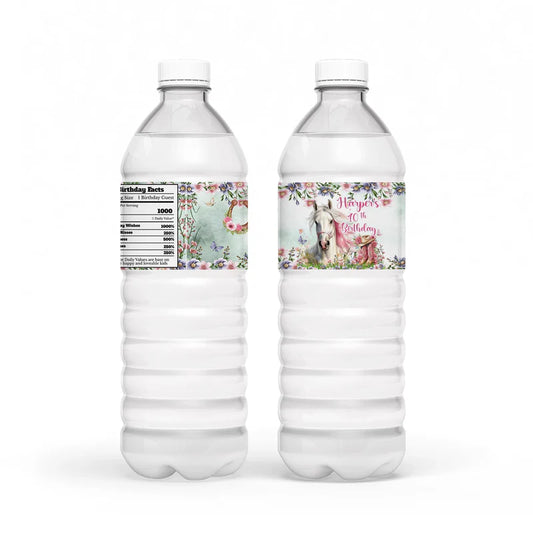 Horse equestrian water bottle label with personalized horse design flat lay