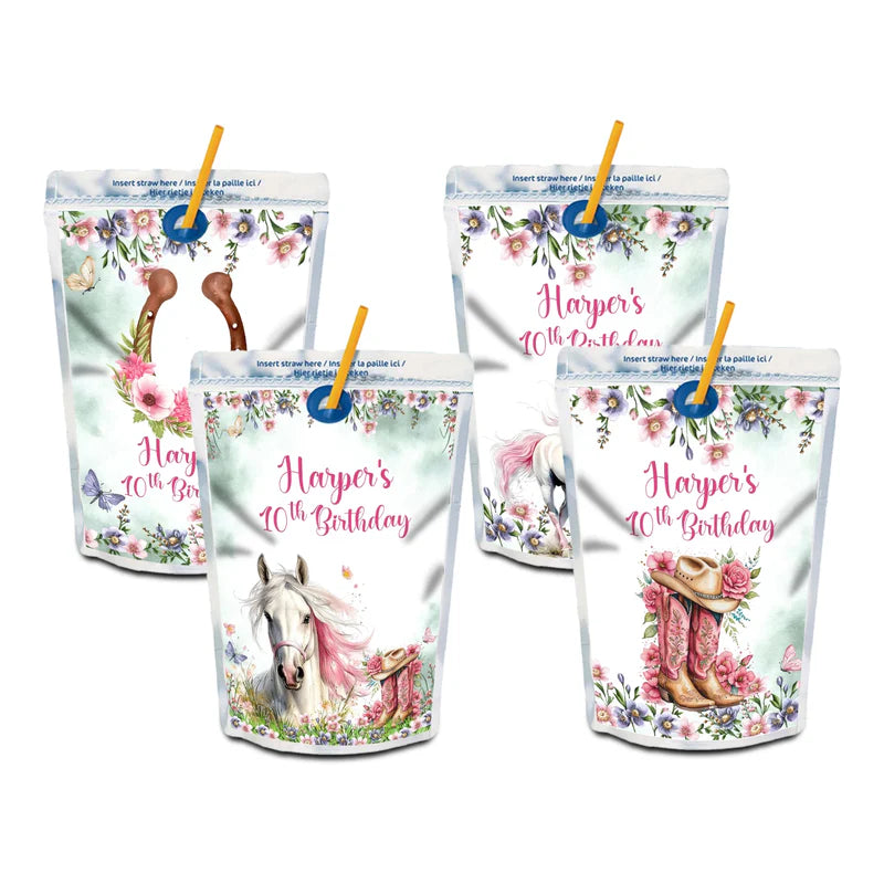 Horse equestrian juice pouch label with custom horse graphic on white background
