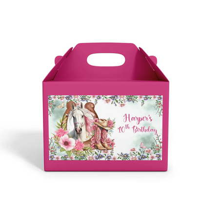 Horse equestrian treat box label with personalized horse motif flat lay