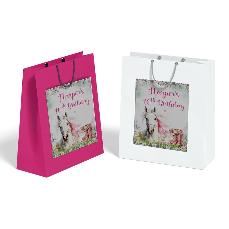 Horse equestrian goodie bag label with custom horse design on white background