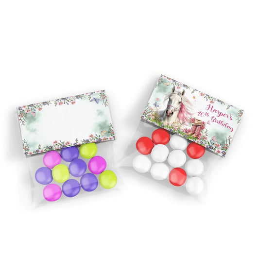 Horse equestrian treat bag topper label with personalized horse motif flat lay