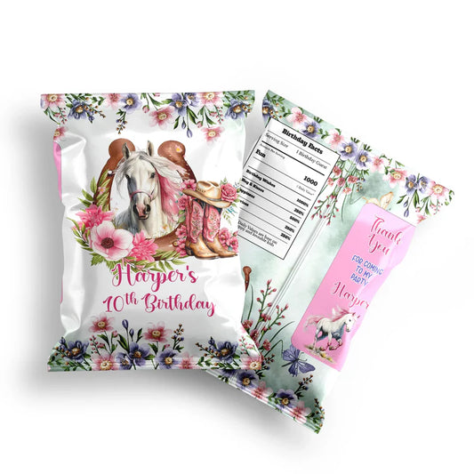 Horse equestrian chips bag label with custom horse design on white background