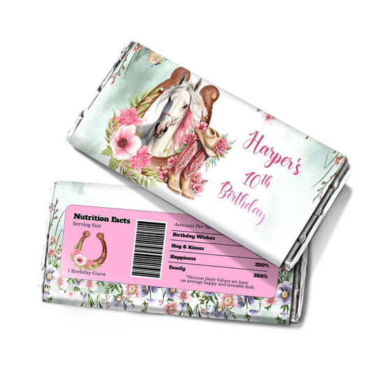 Horse equestrian chocolate label with personalized horse motif flat lay