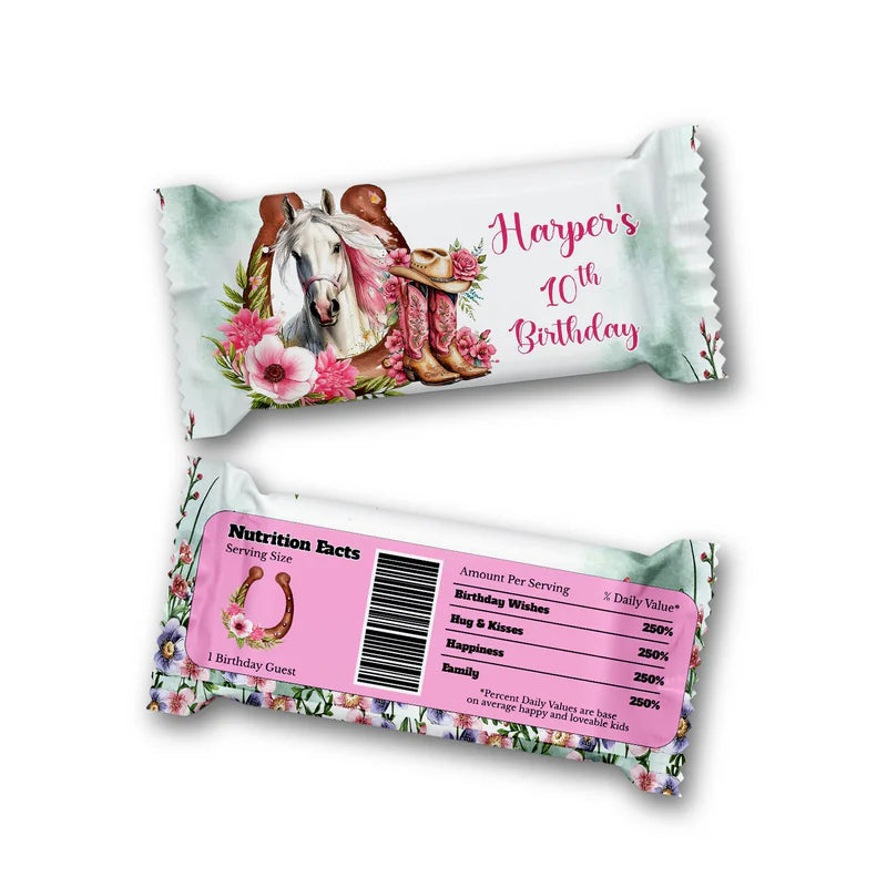 Horse equestrian rice krispies and candy bar label with horse design flat lay