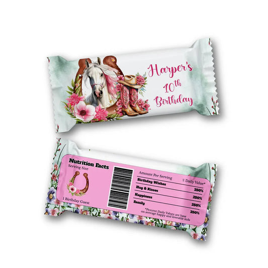 Horse equestrian rice krispies and candy bar label with horse design flat lay