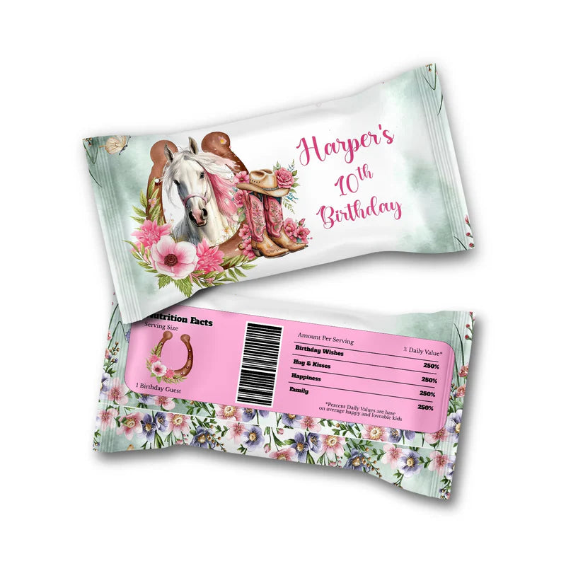 Horse equestrian skittles label with custom horse design flat lay