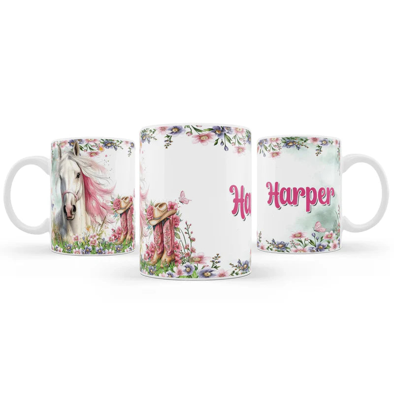 Horse equestrian sublimation mug with personalized horse graphic flat lay