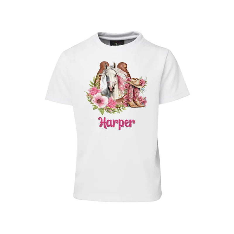 Horse equestrian sublimation t-shirt with personalized horse motif on white background