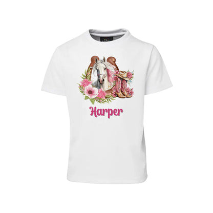 Horse equestrian sublimation t-shirt with personalized horse motif on white background