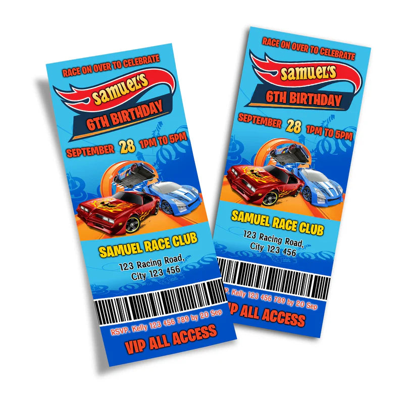 Hot Wheels Cars Personalized Birthday Ticket Invitations