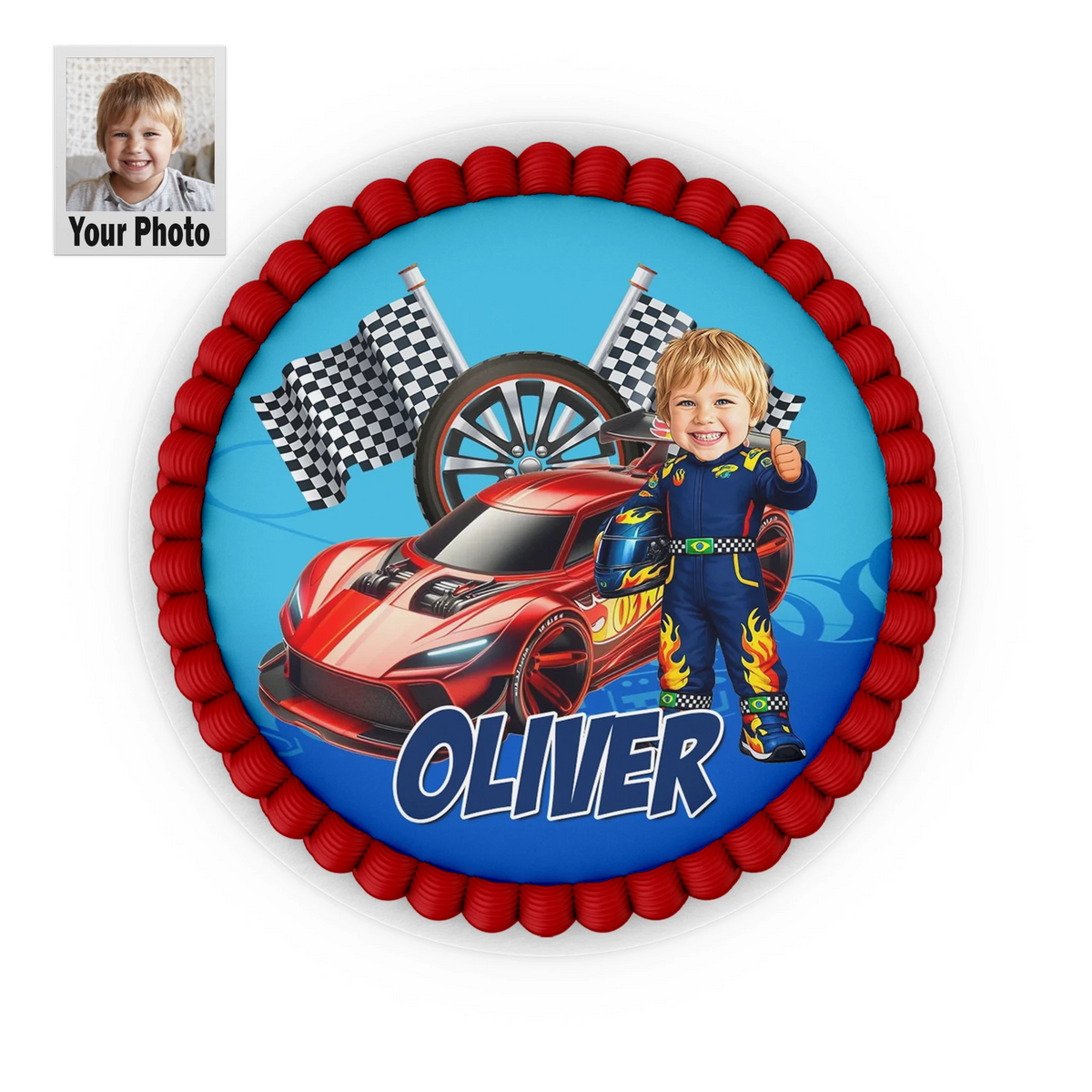 Custom Racing Car Hot Wheels Cake Image | Personalised Face Caricature & Name and Age